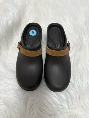 Crocs Dark Brown Sarah Clog Heeled Mules with Brown Suede Strap